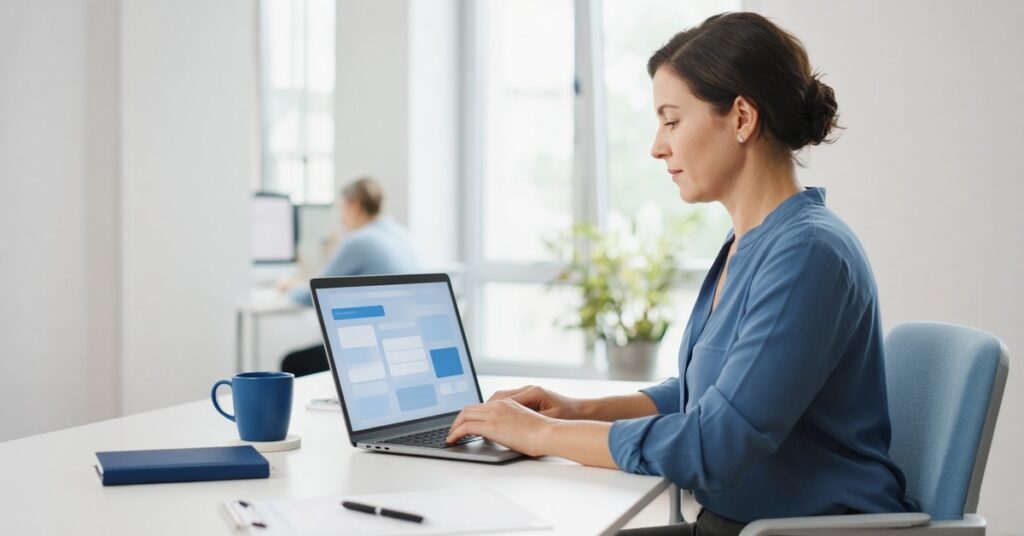 HR professional managing online open enrollment on a laptop