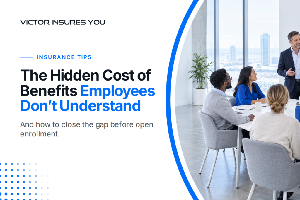 Benefits advisor leading an employee benefits education meeting with a team around a conference table