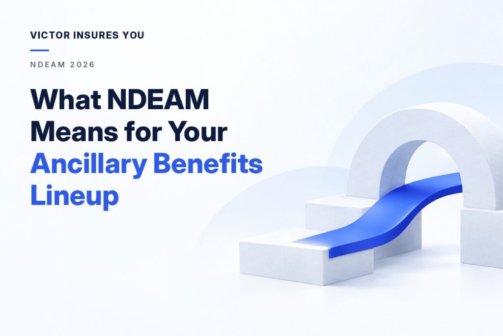 What NDEAM Means for Your Ancillary Benefits Lineup, with a blue path flowing through white arches representing the handoff from short-term to long-term disability coverage